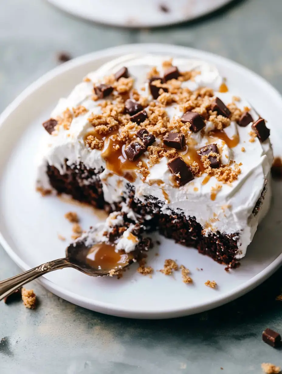 A sliced chocolate cake topped with whipped cream, chocolate pieces, caramel, and crumbled cookies, with a spoon resting beside it.