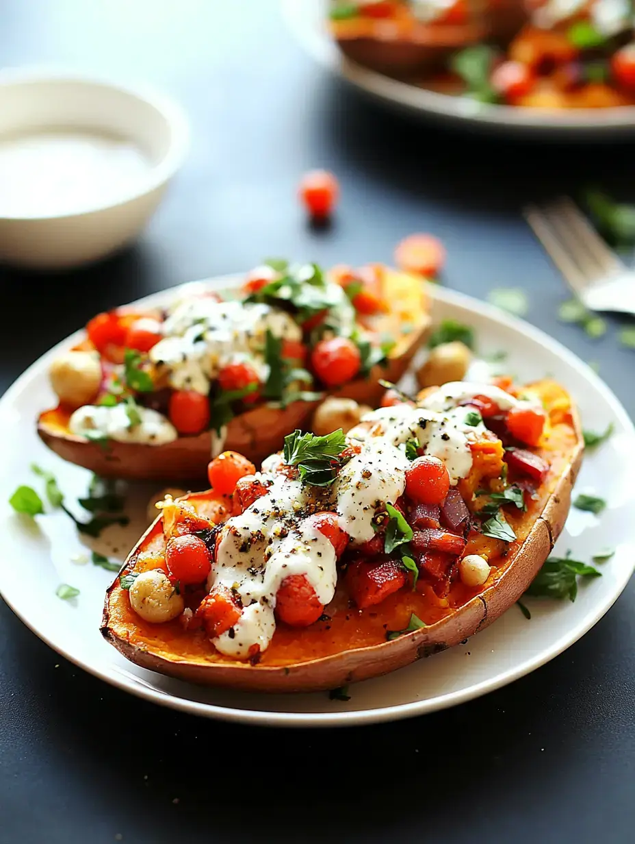 Two halved sweet potatoes topped with colorful vegetables, herbs, and a drizzle of creamy sauce are served on a white plate.