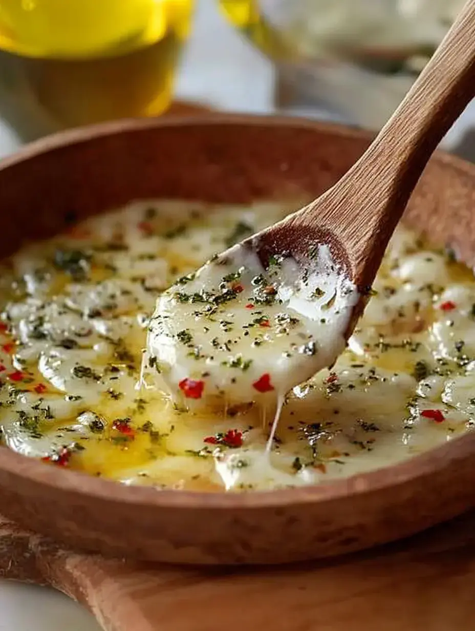 A wooden spoon pulls a stringy, melted cheese topped with herbs and red pepper flakes from a rustic bowl.