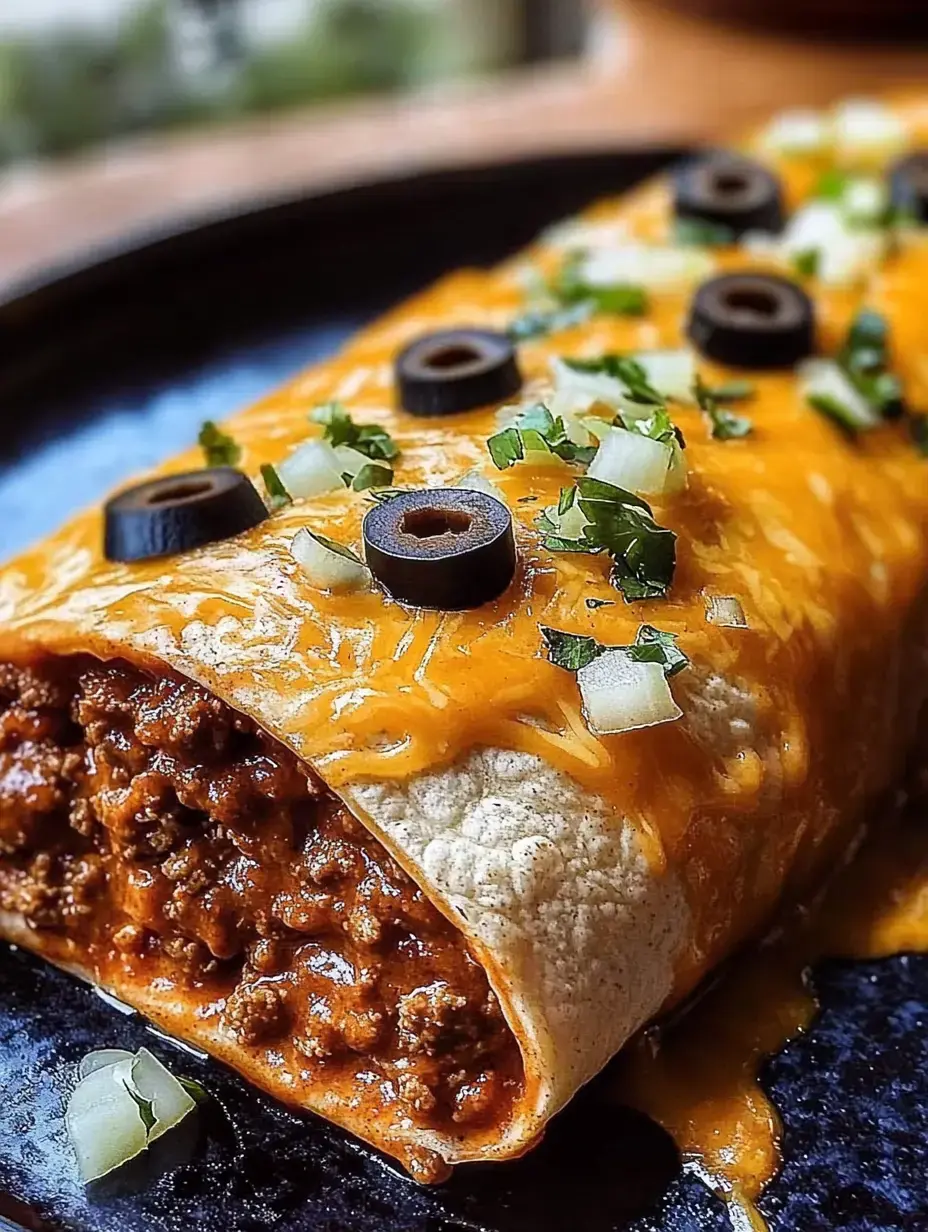 A close-up of a cheesy burrito filled with seasoned meat, topped with black olives and chopped onions.