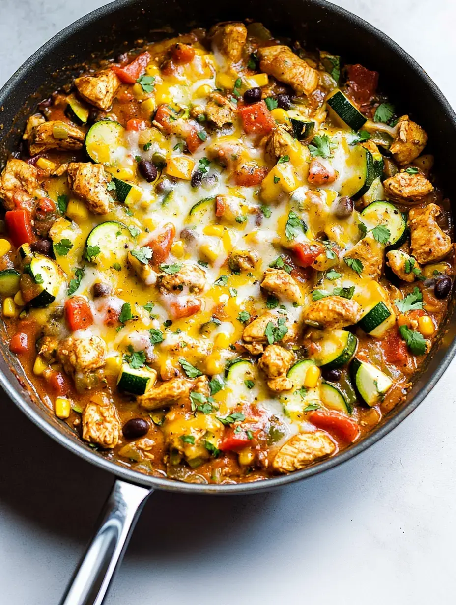 A skillet filled with a colorful mixture of chicken, zucchini, bell peppers, corn, black beans, and melted cheese, garnished with fresh cilantro.