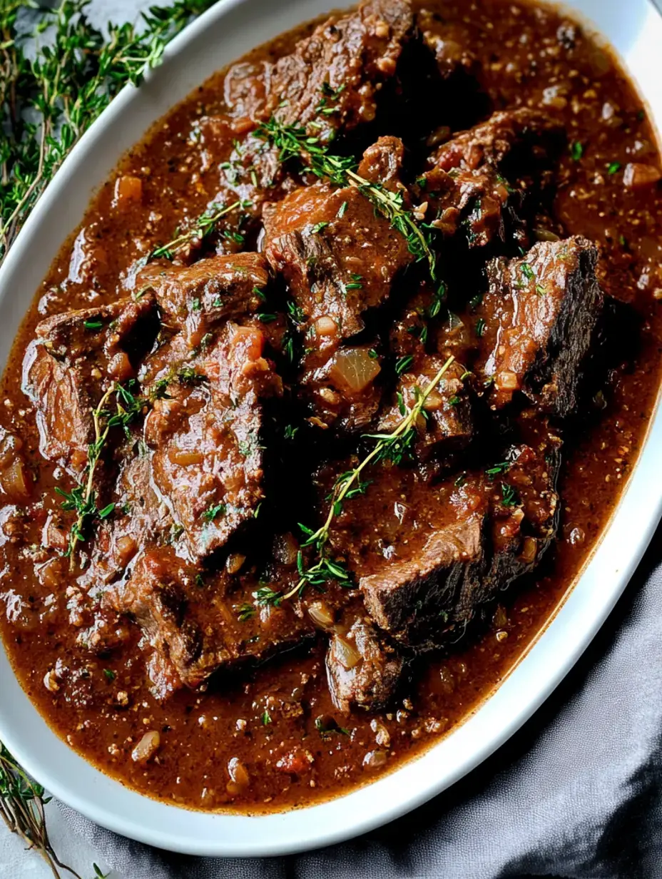 A close-up view of tender beef chunks in a rich brown sauce, garnished with fresh thyme, served in a white oval dish.