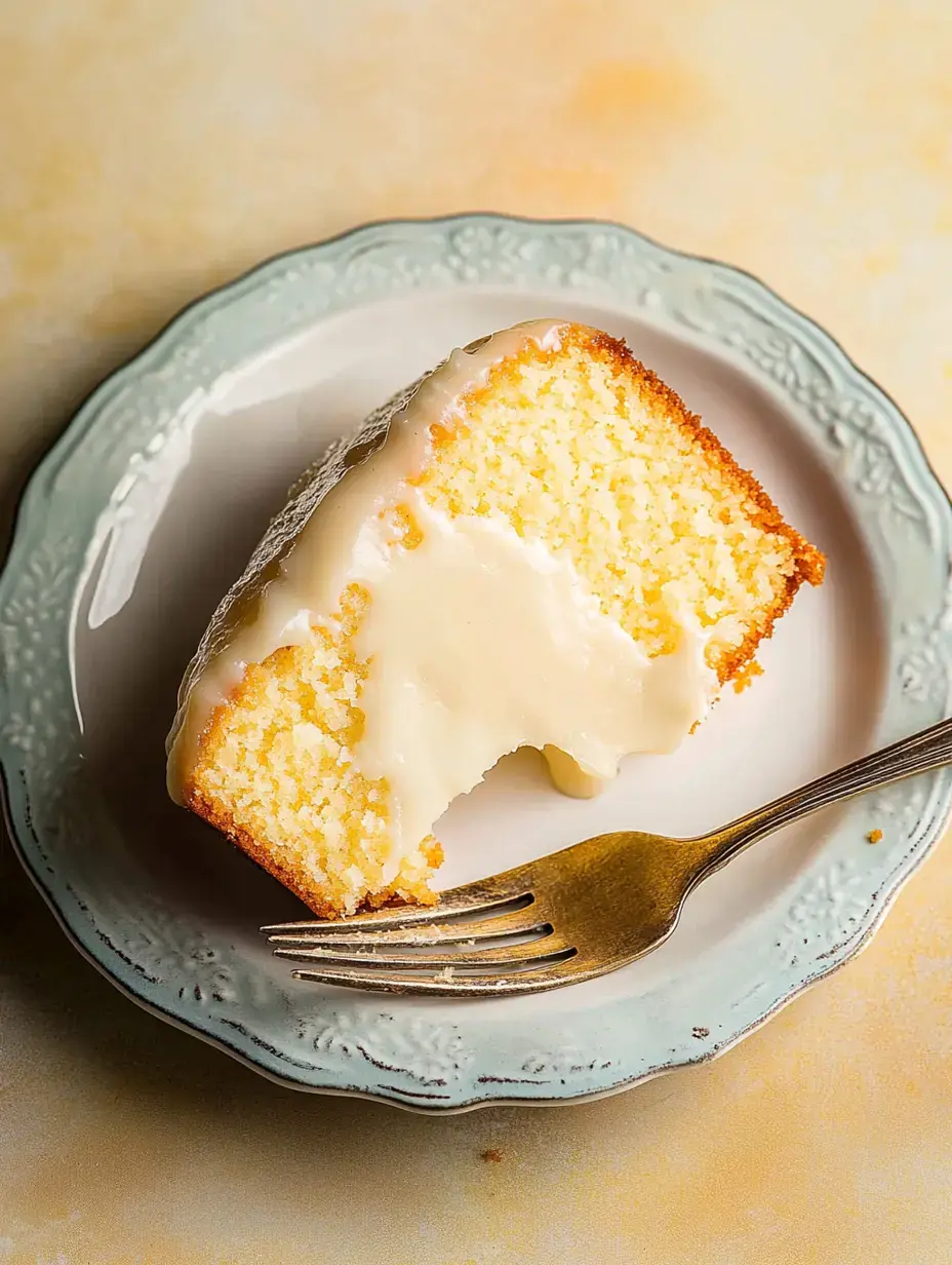 A slice of moist cake with a light glaze sits on a decorative plate next to a fork.