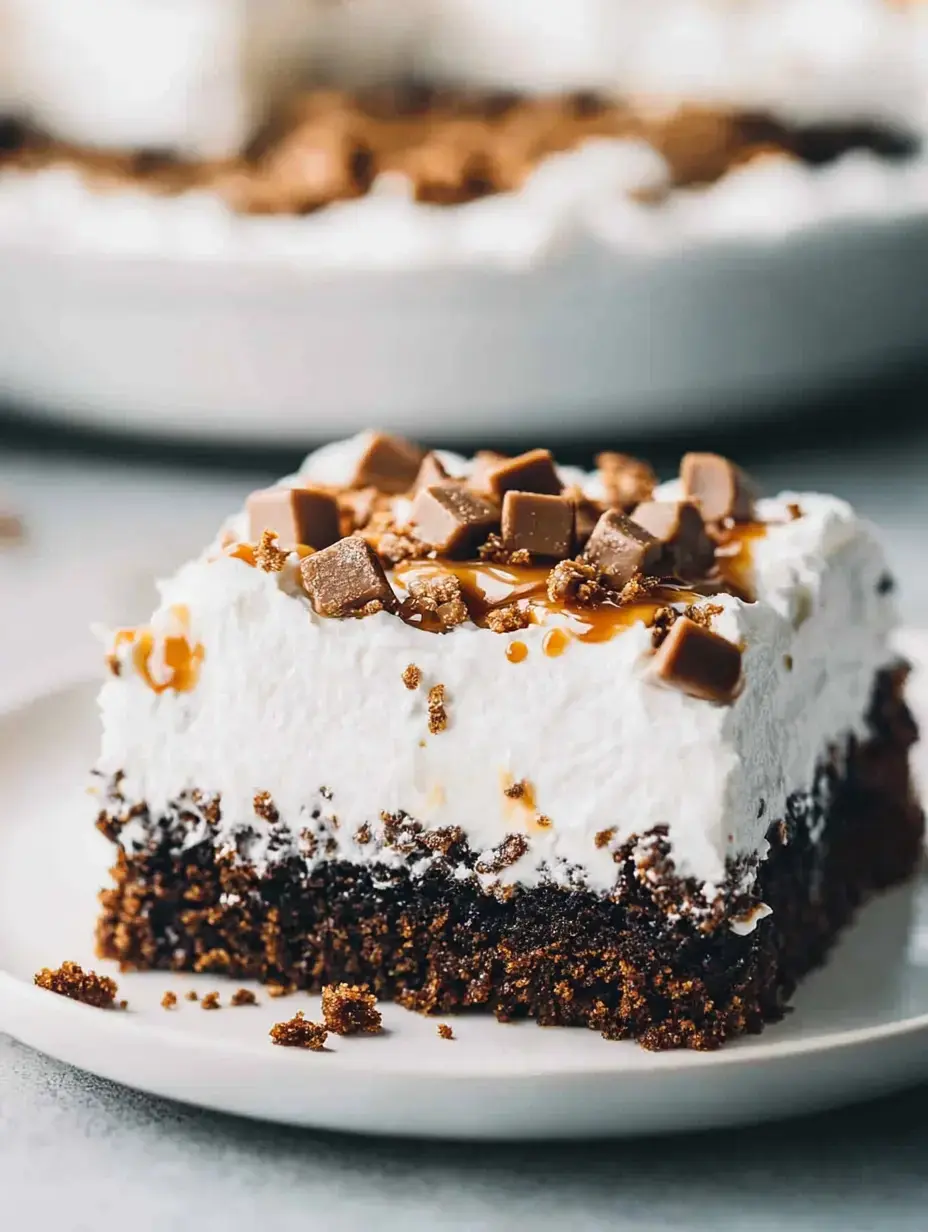 A slice of dessert featuring layers of chocolate cake, whipped cream, caramel drizzle, and chunks of chocolate on top.