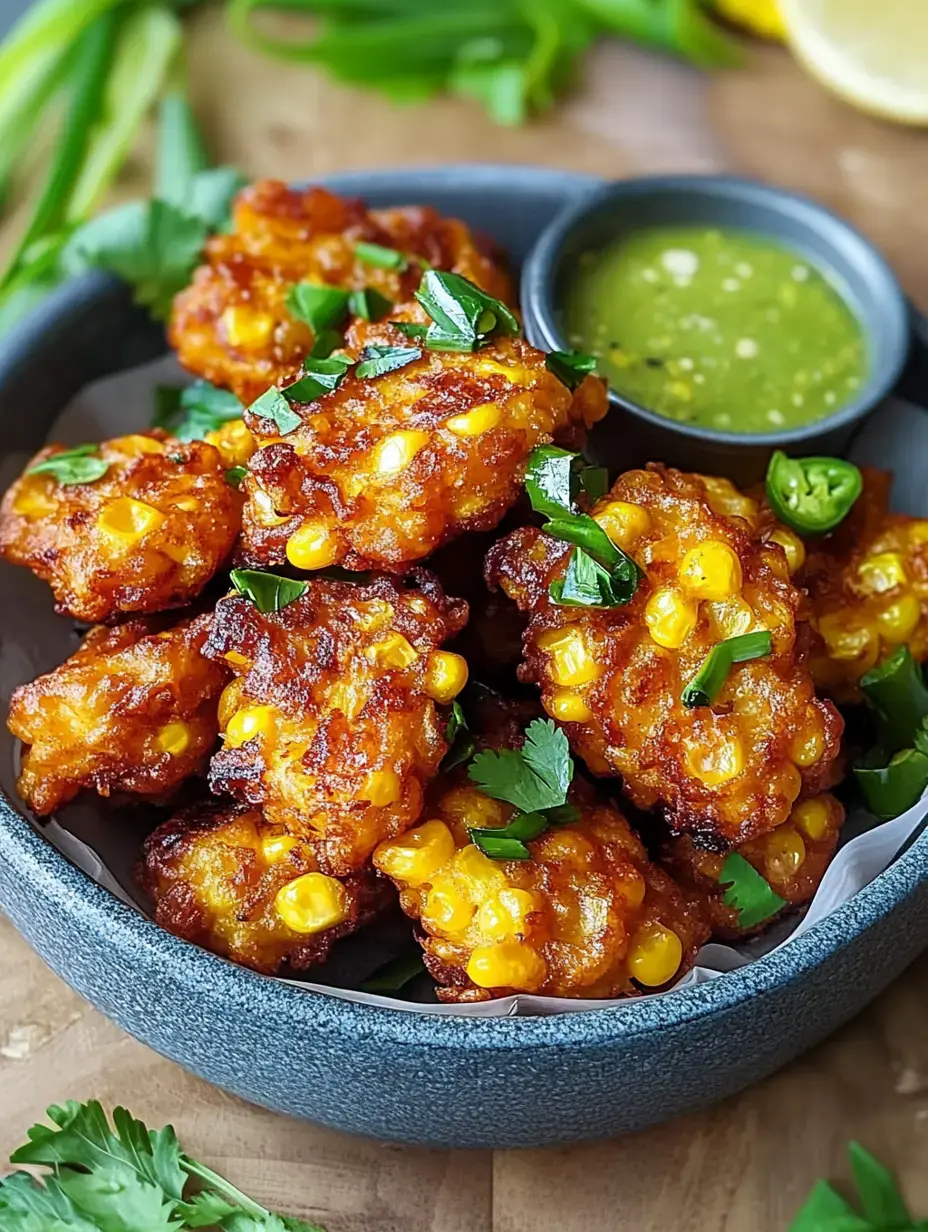 A bowl of golden-brown corn fritters garnished with fresh herbs, accompanied by a small dish of green dipping sauce.