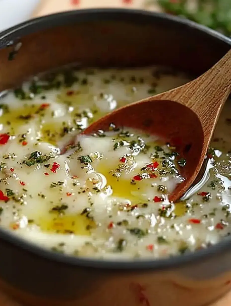 A close-up of a bowl containing a mixture of oil, herbs, and spices, with a wooden spoon stirring the contents.