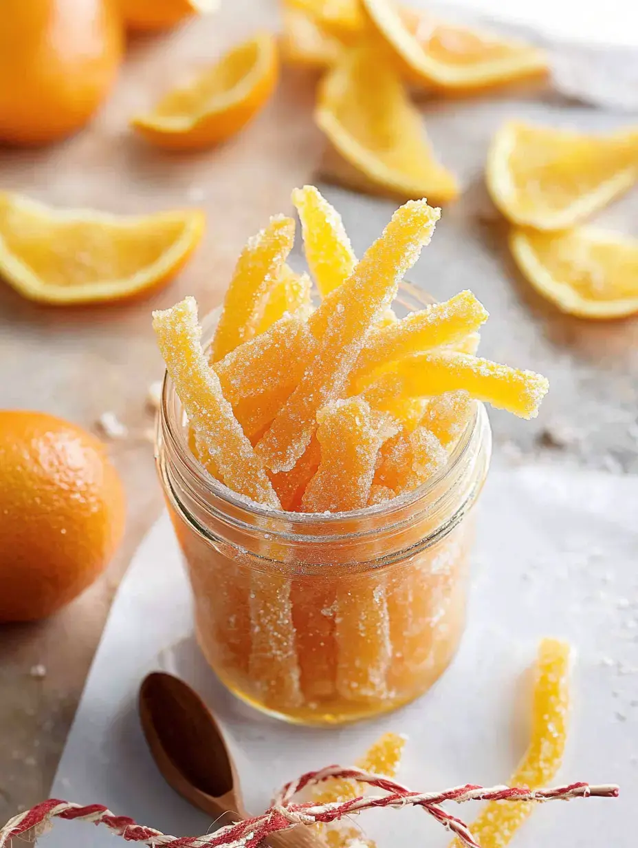 A glass jar filled with sugared orange peel strips is surrounded by fresh oranges and orange slices on a light surface.