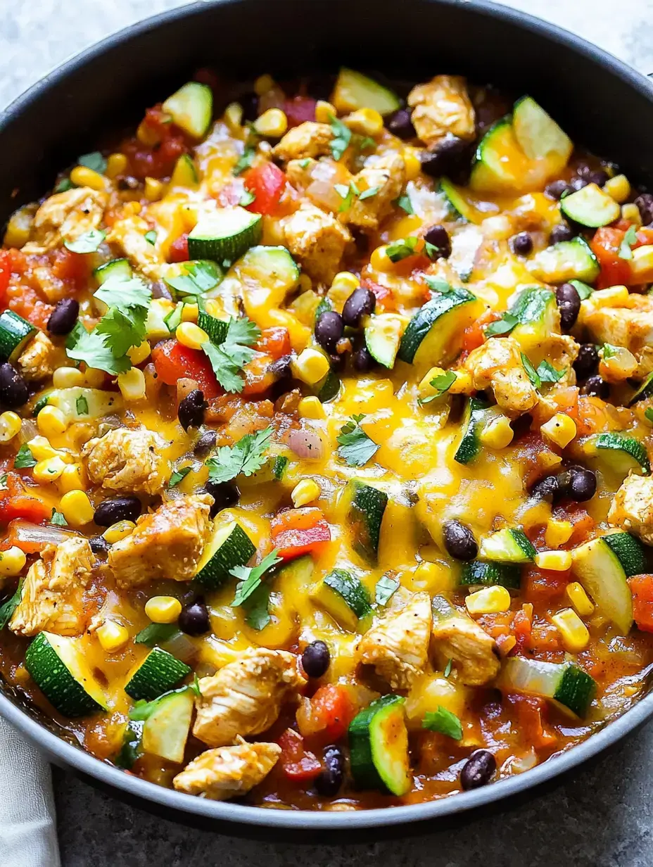 A colorful skillet dish featuring diced chicken, black beans, corn, zucchini, and melted cheese, garnished with fresh cilantro.