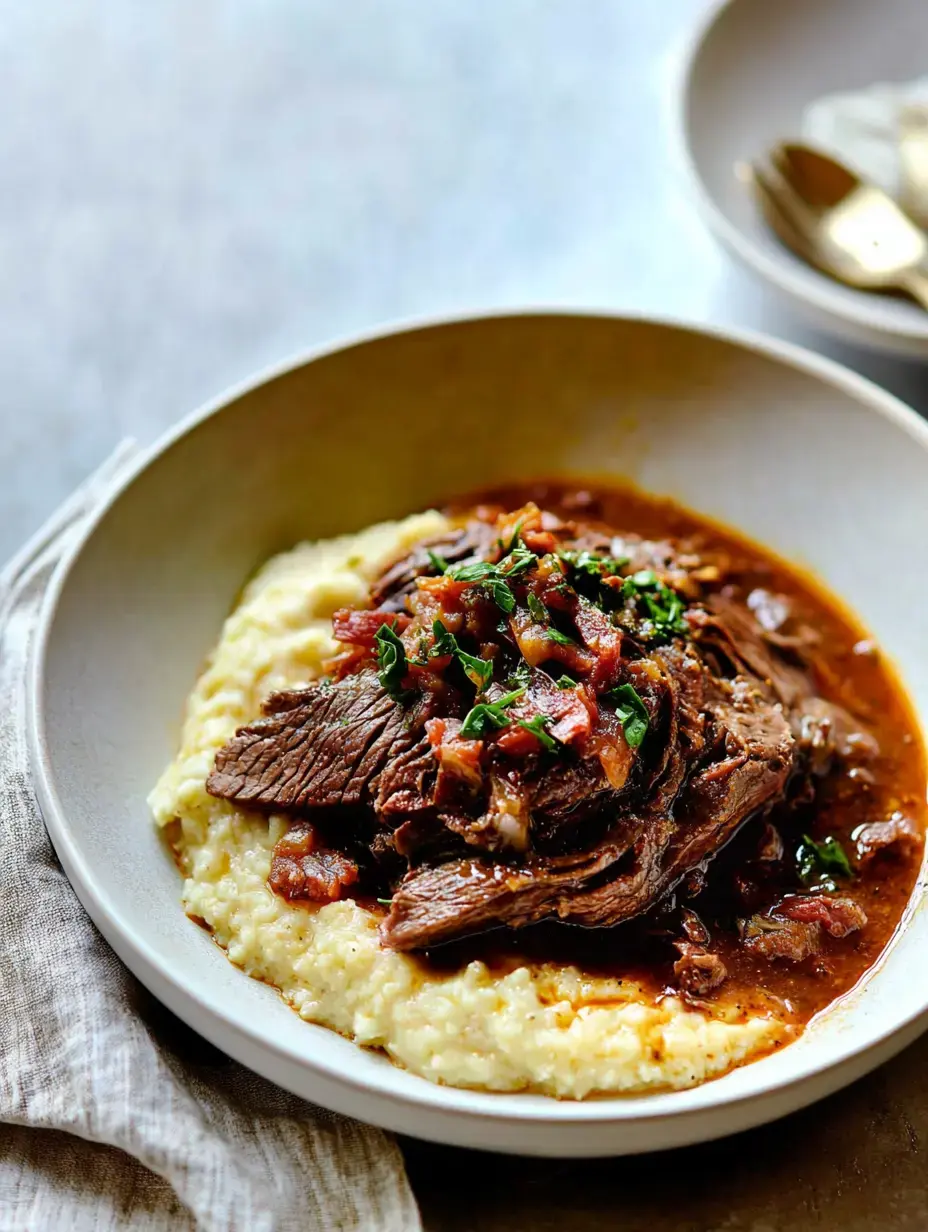 A bowl of creamy polenta topped with tender beef, rich gravy, and garnished with chopped herbs and bacon.