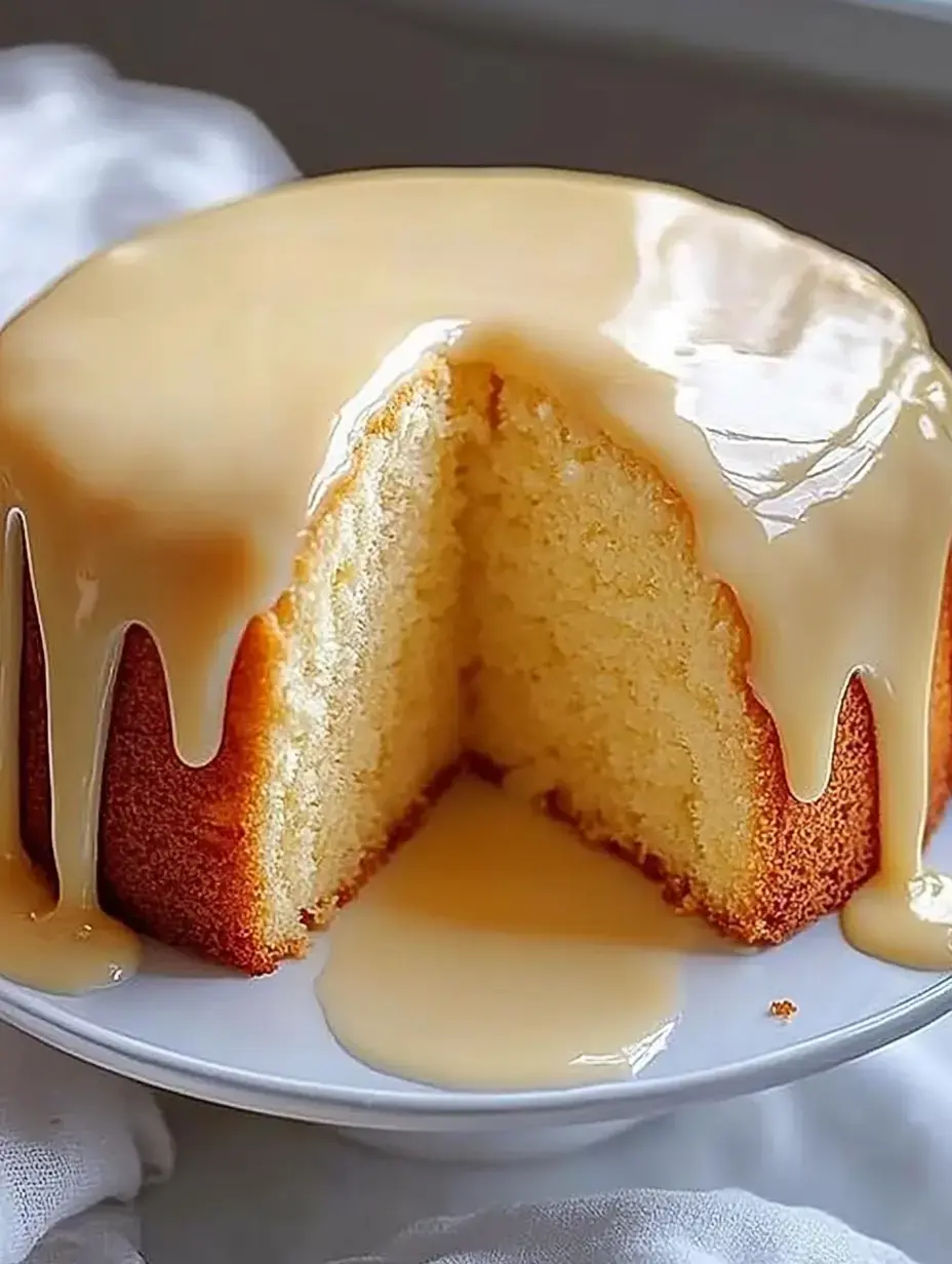 A freshly baked cake sits on a plate, with a portion cut out and drizzled in creamy icing.