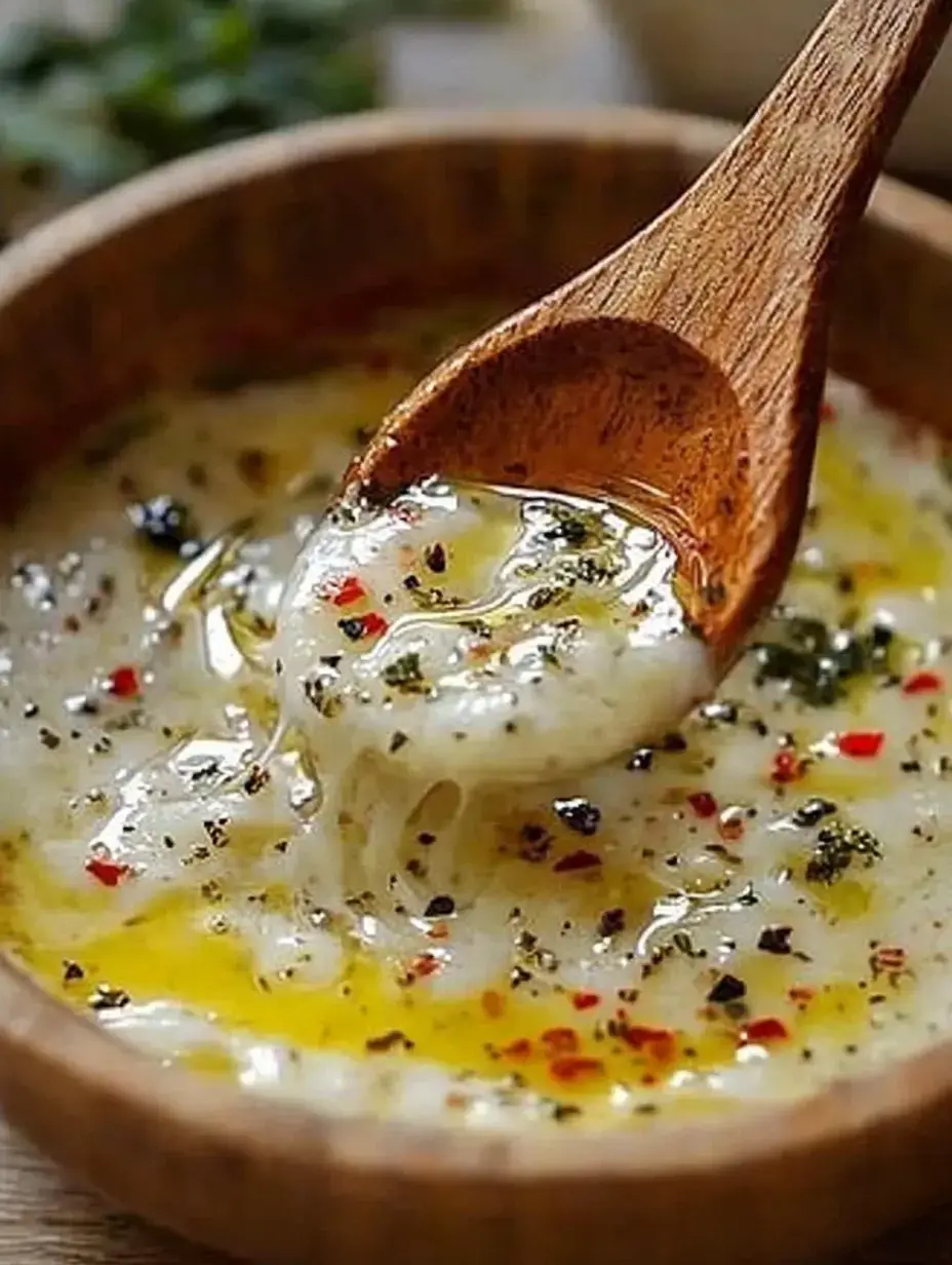 A wooden spoon scoops up a creamy, herb-infused sauce with chili flakes from a wooden bowl.