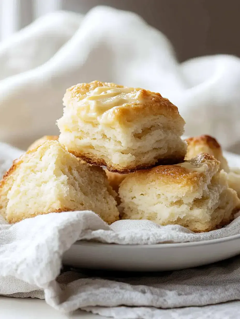 A close-up of fluffy, golden-brown biscuits arranged on a plate, some with melted butter on top, set against a soft, textured background.