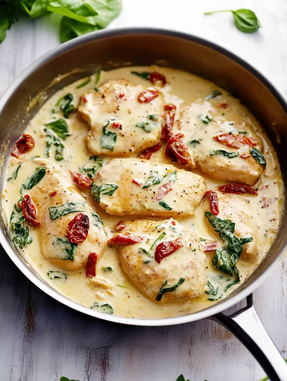 A skillet filled with chicken breasts cooked in a creamy sauce with spinach and sundried tomatoes.