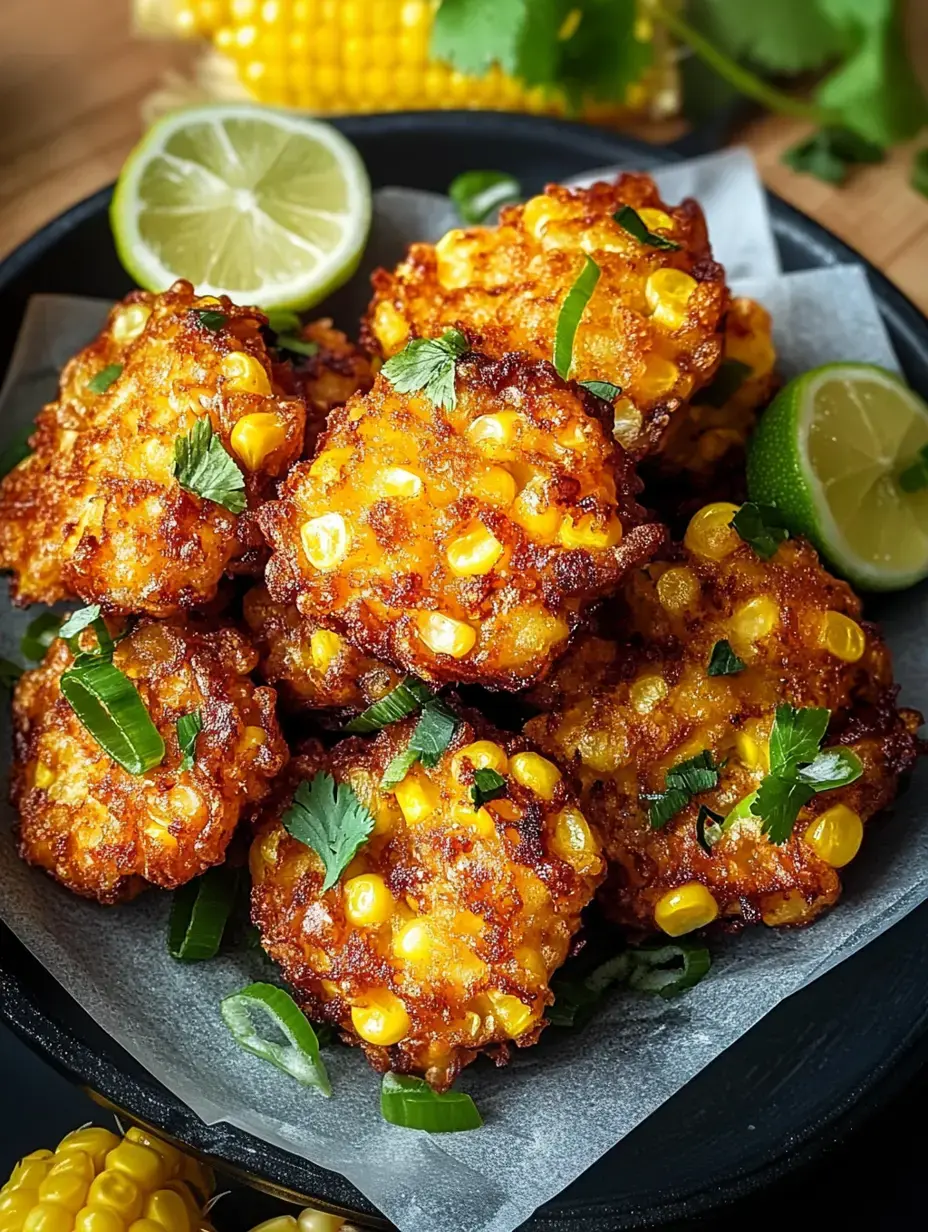 A plate of crispy corn fritters garnished with cilantro and green onions, accompanied by lime wedges.