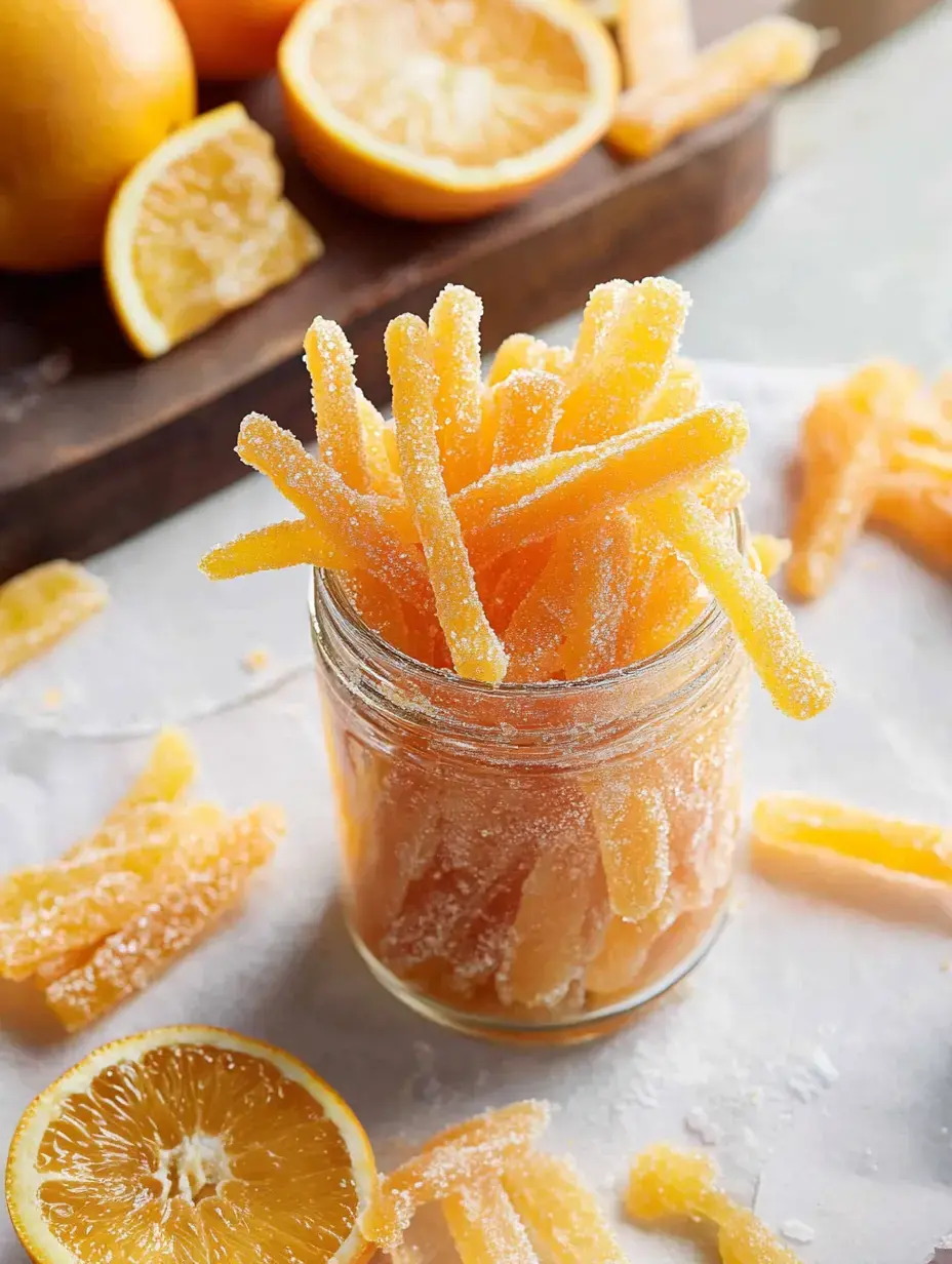 A glass jar filled with sugary orange candied sticks surrounded by fresh oranges and scattered pieces on a white surface.