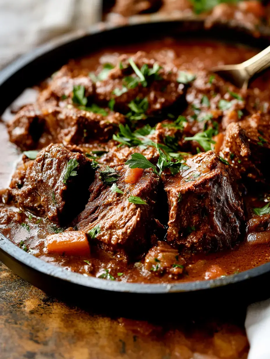 A close-up shot of tender beef chunks simmering in a rich sauce, garnished with fresh herbs and served in a dark bowl.