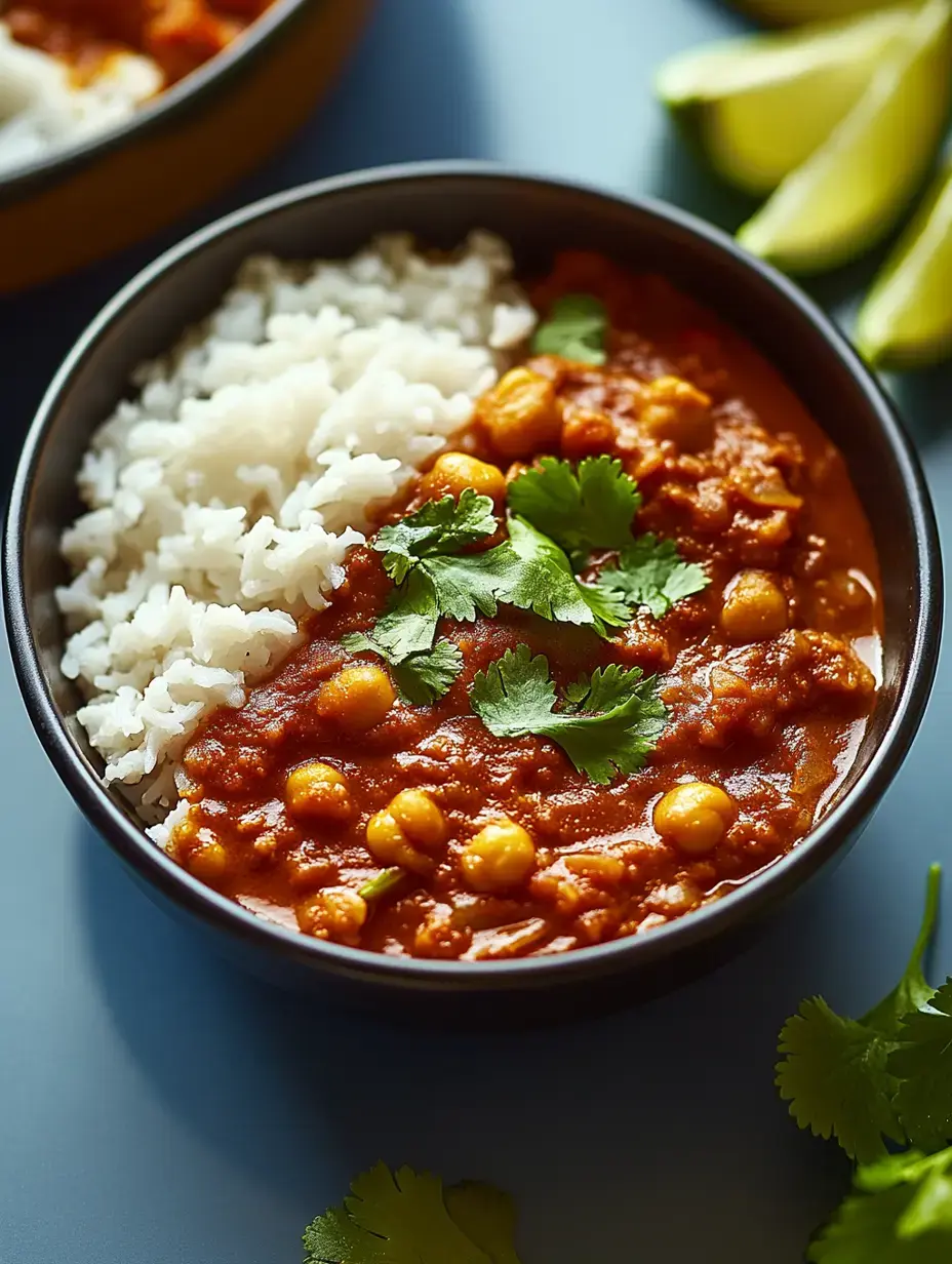 A bowl of chickpea curry topped with fresh cilantro, served alongside a portion of white rice.