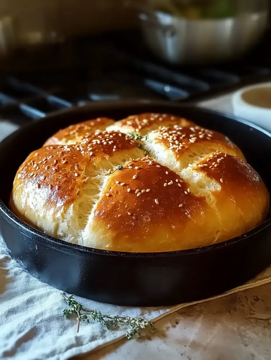 A freshly baked, golden-brown bread roll with sesame seeds sits in a black pan on a kitchen counter.