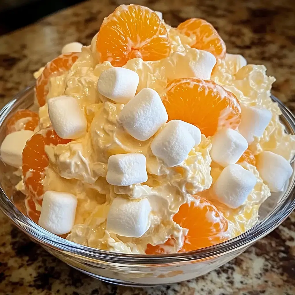 A clear bowl filled with a creamy mixture topped with mandarin orange segments and tiny marshmallows.