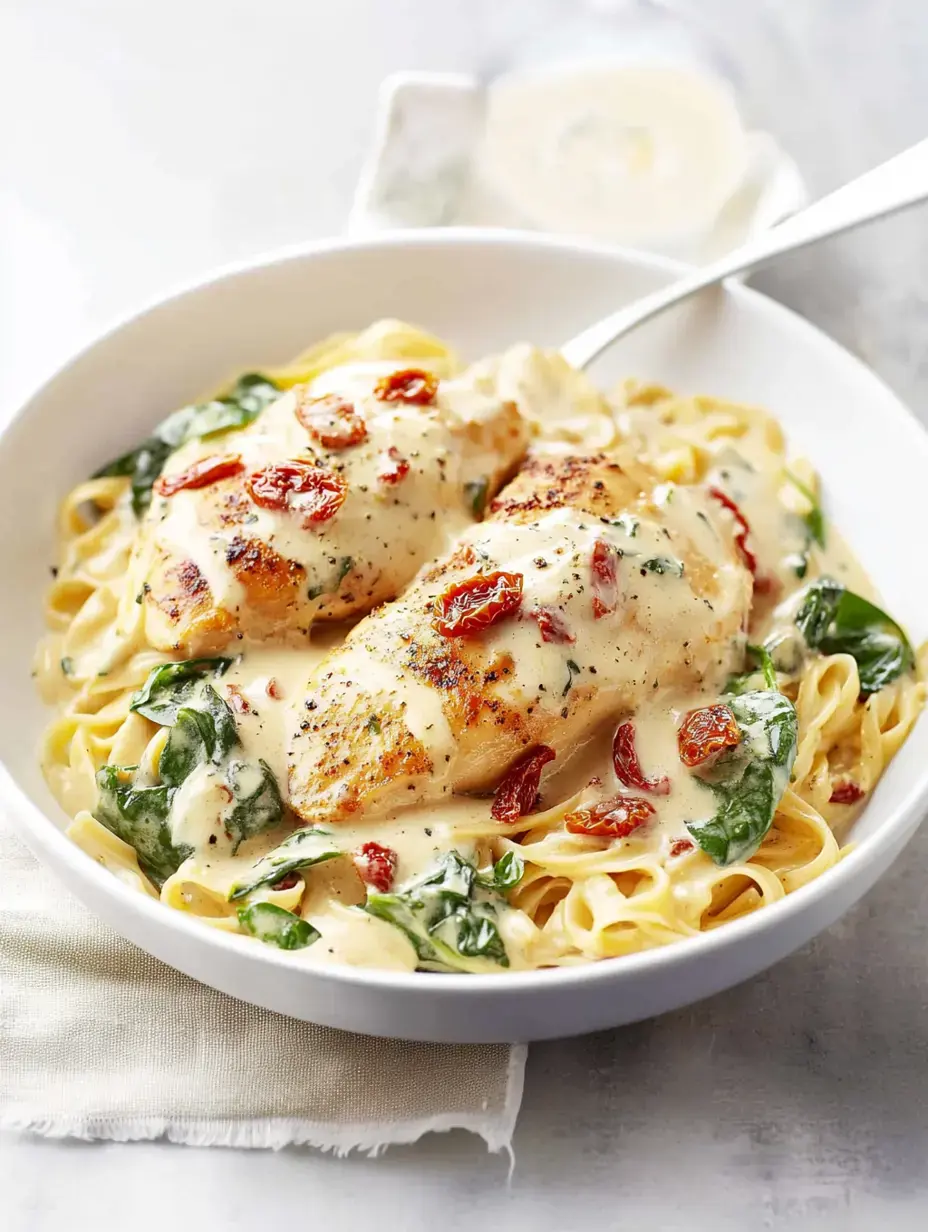 A bowl of fettuccine pasta topped with grilled chicken, creamy sauce, spinach, and sun-dried tomatoes.