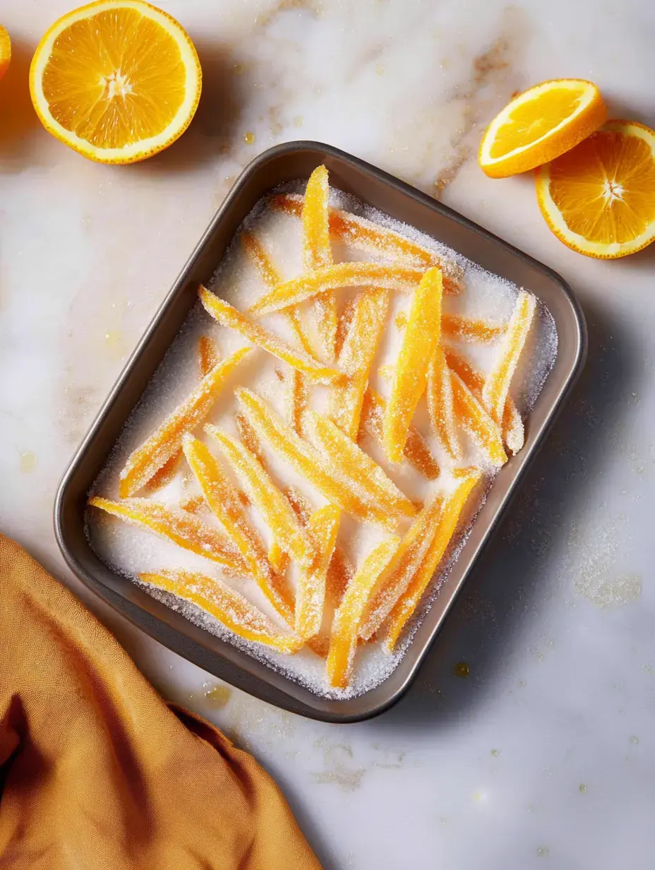 A tray of candied orange peel strips is resting in granulated sugar, surrounded by fresh orange halves and a mustard-colored cloth.