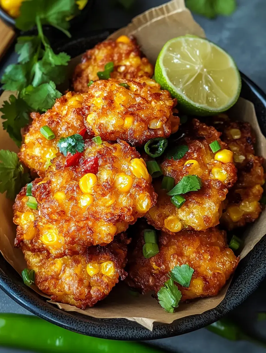 A bowl of golden-brown corn fritters garnished with green onions and cilantro, accompanied by a lime wedge.