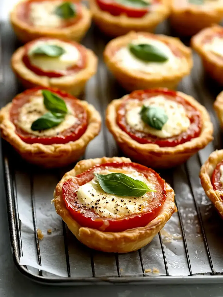 A tray of baked tomato and cheese tartlets garnished with fresh basil leaves.