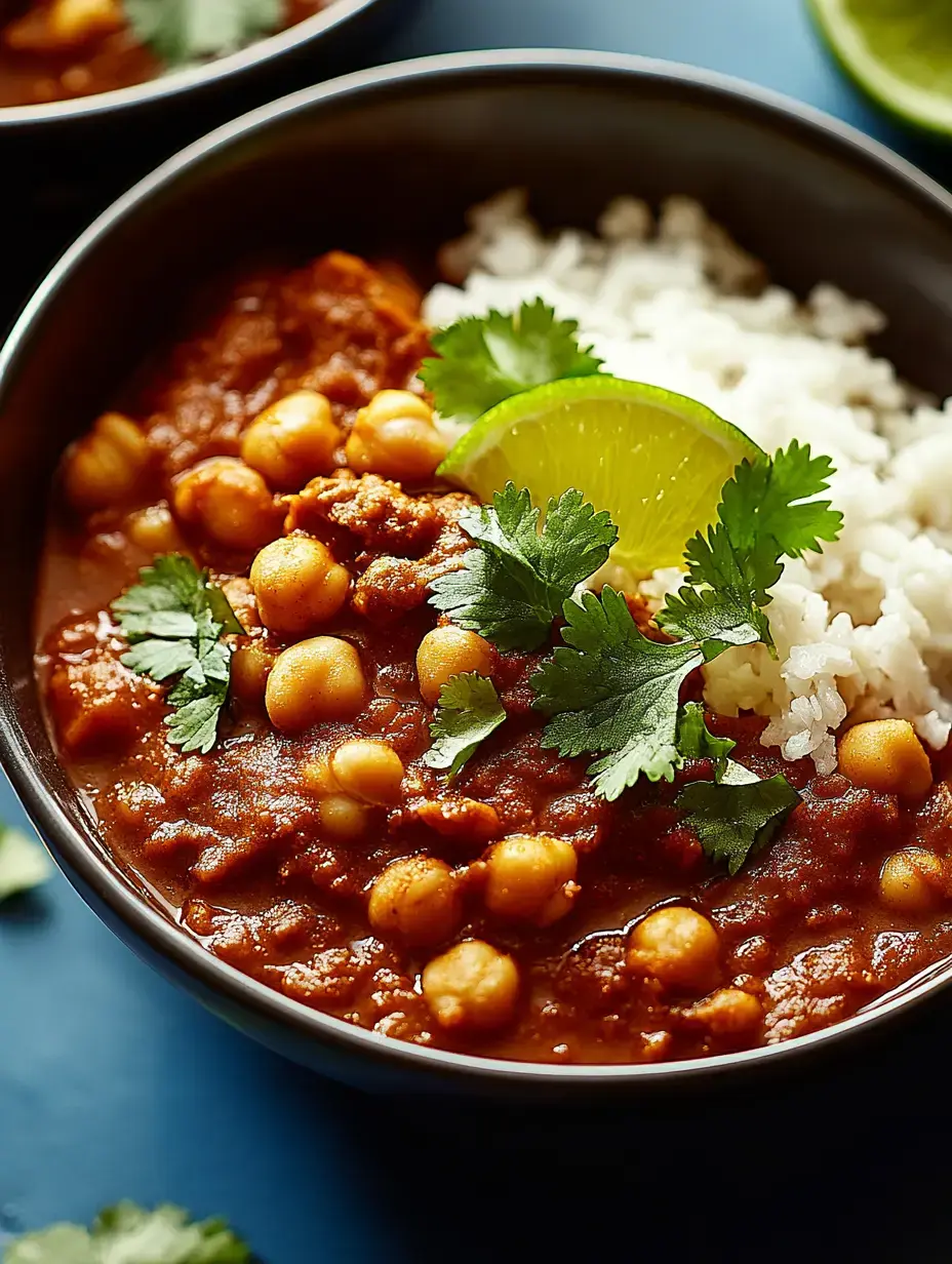 A close-up image of a bowl containing spicy chickpea stew topped with cilantro and a slice of lime, served alongside a portion of fluffy white rice.