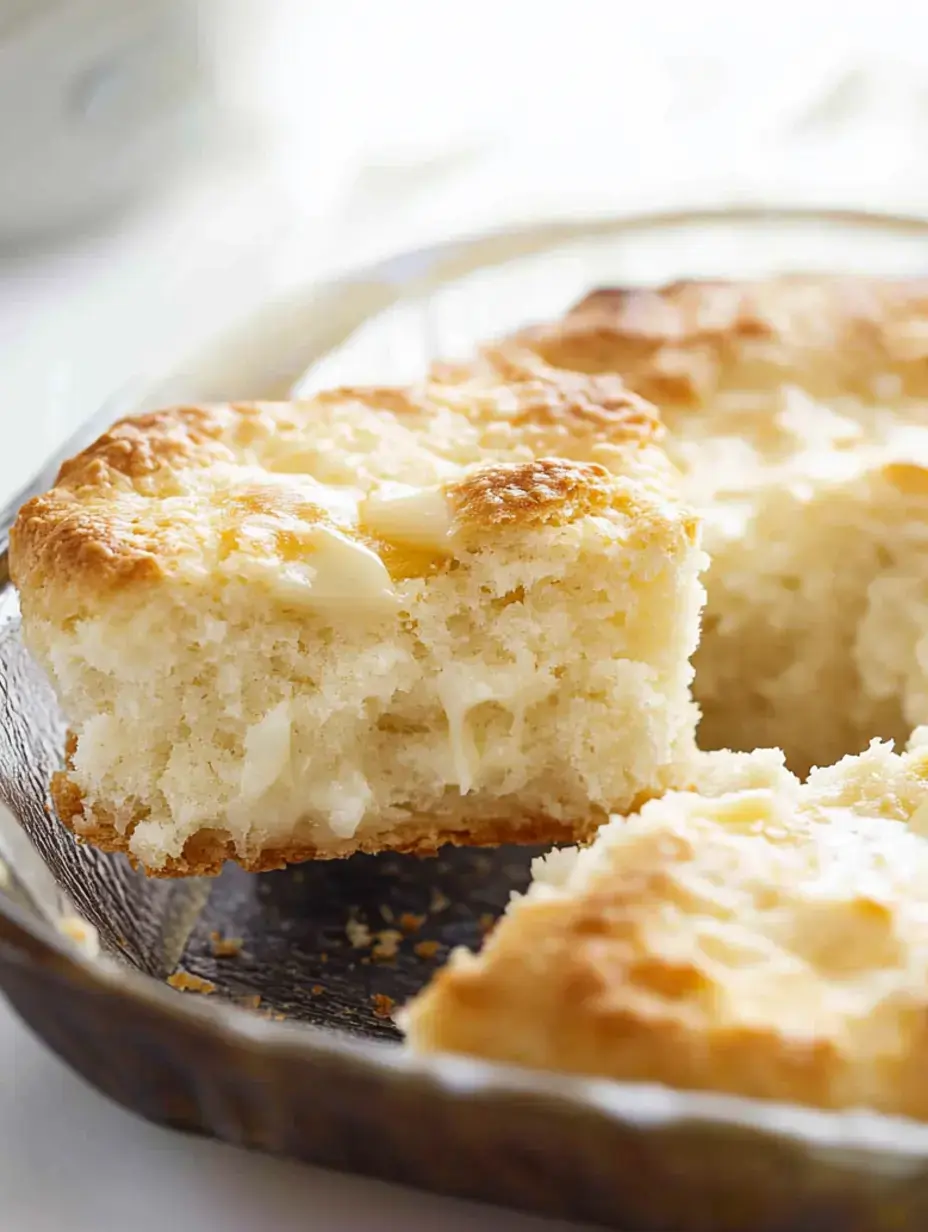 A close-up of a golden-brown, freshly baked biscuit with a piece cut out, revealing a soft, fluffy interior.