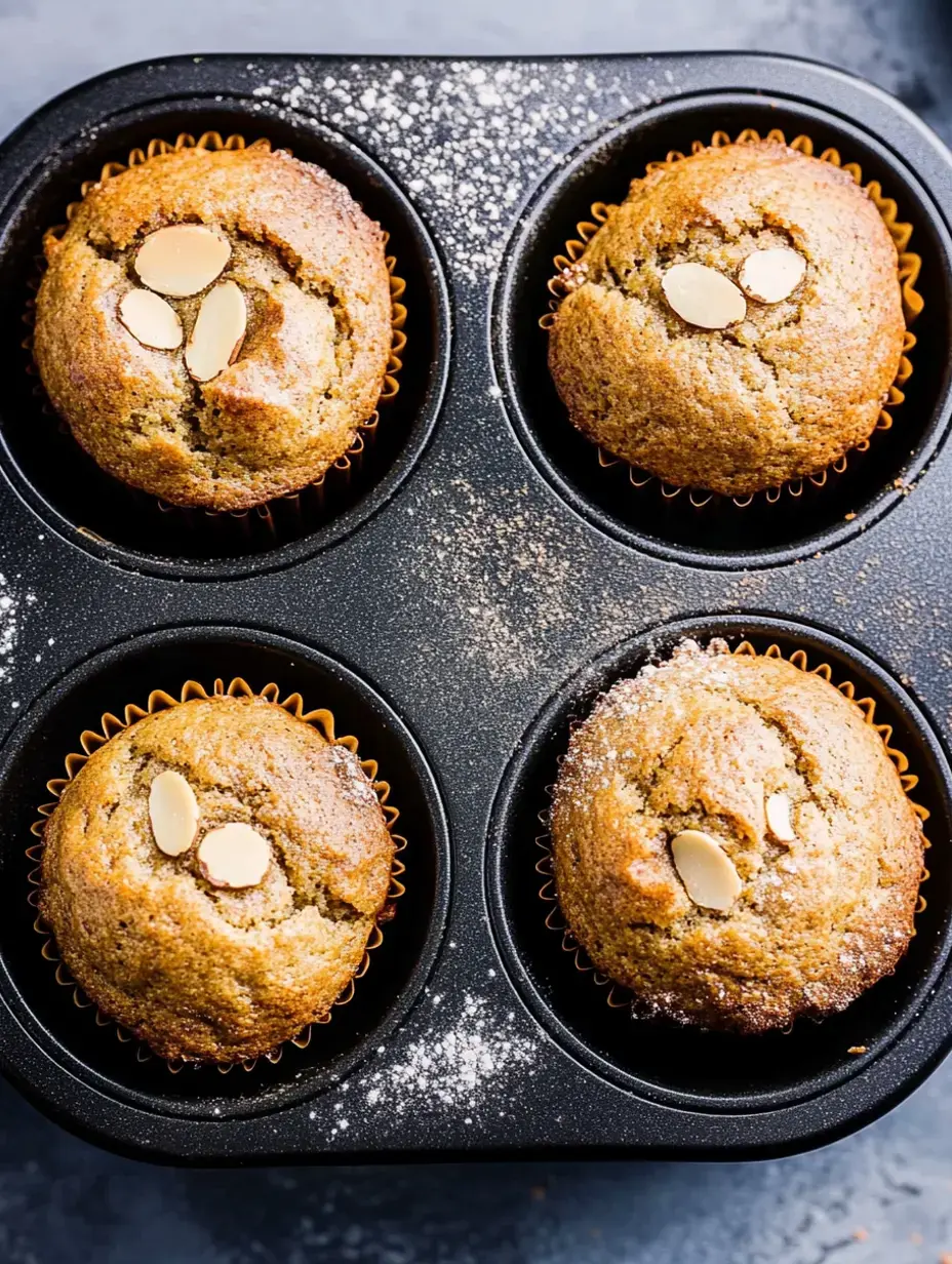 A top-down view of four freshly baked muffins in a black cupcake tray, each topped with almond slices and dusted with powdered sugar.