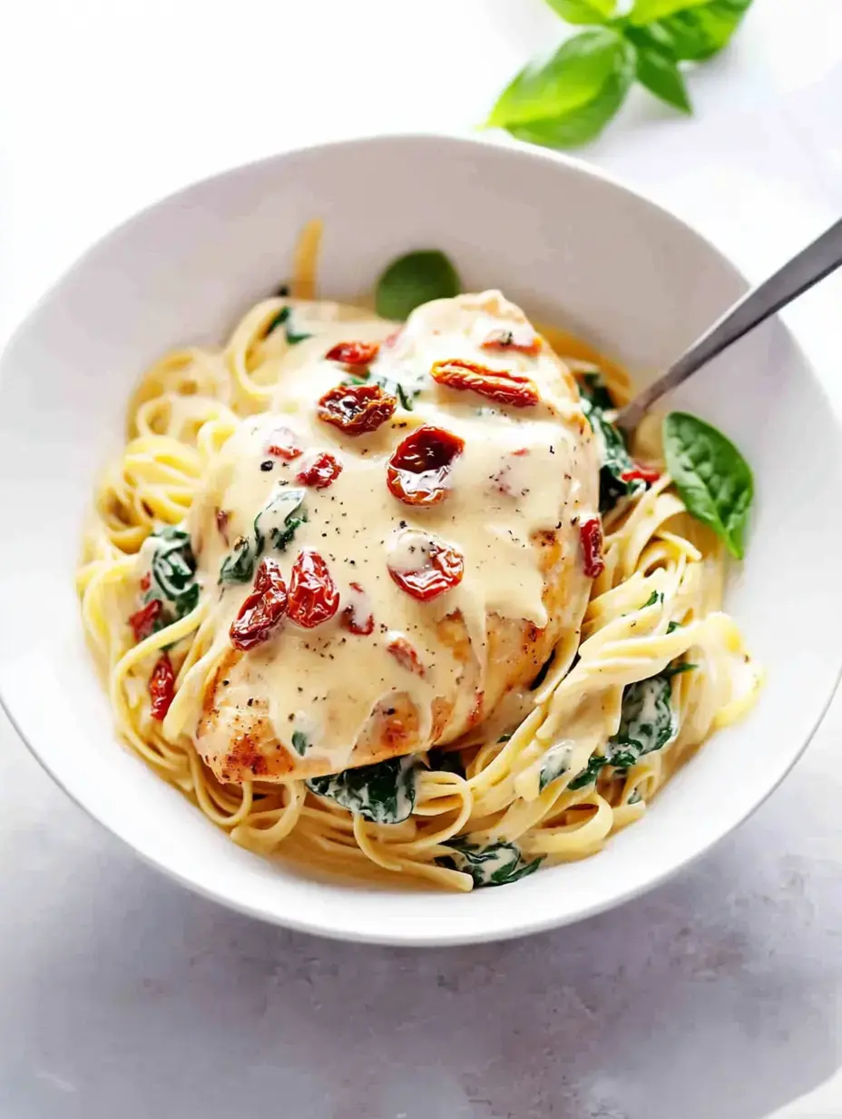 A bowl of fettuccine pasta topped with creamy sauce, spinach, sun-dried tomatoes, and a piece of chicken.