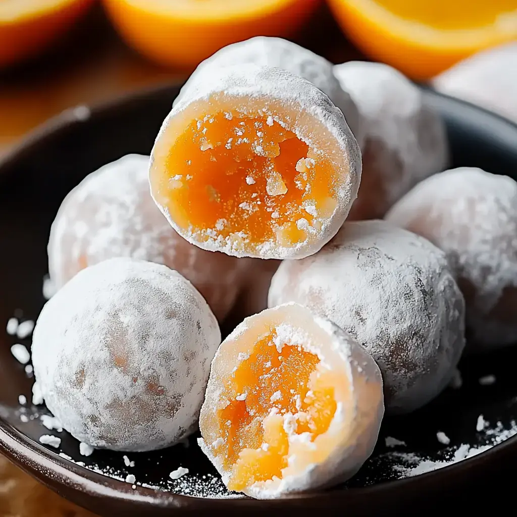 A plate of round, powdered desserts with some cut open to reveal a bright orange filling.