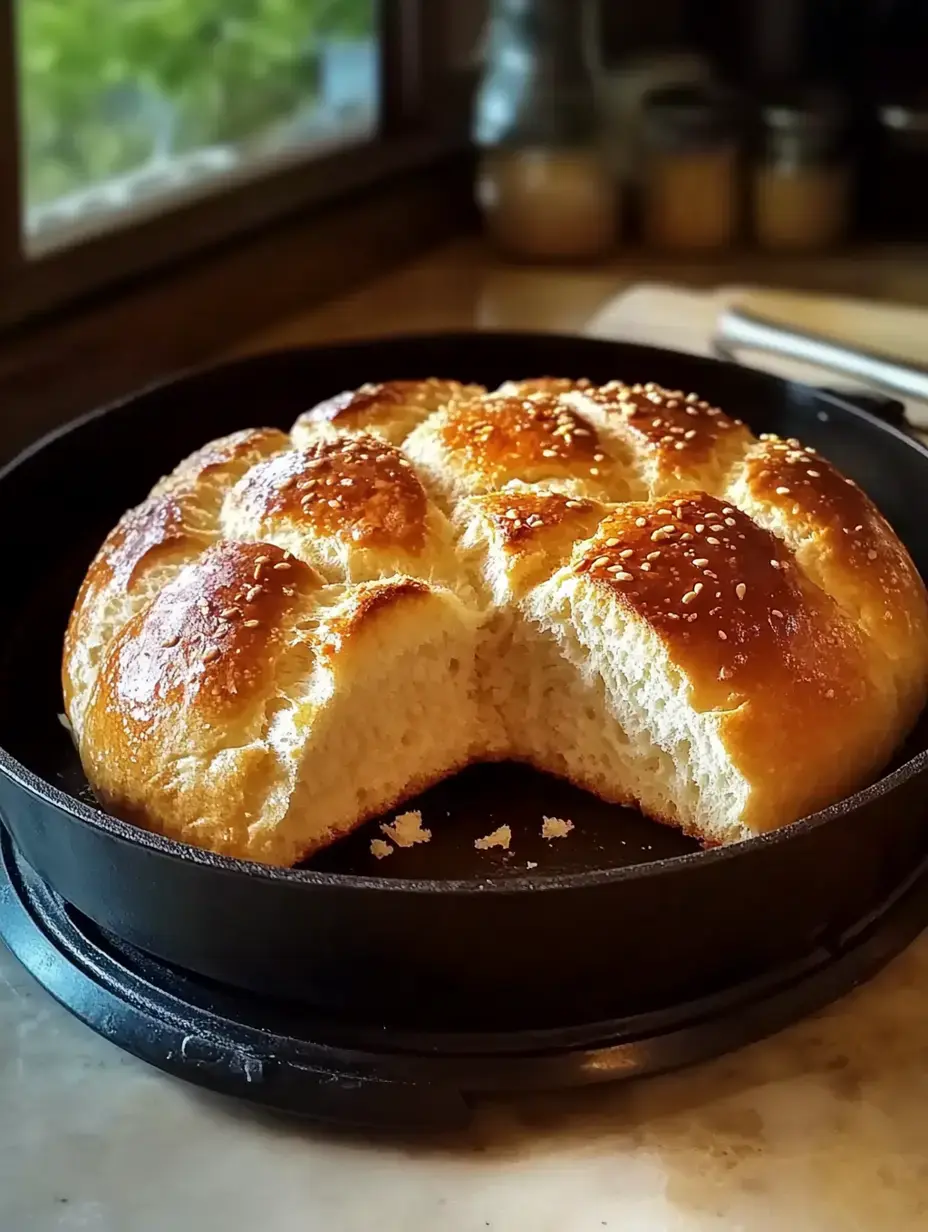 A freshly baked, golden-brown loaf of bread with a glossy crust and sesame seeds is resting in a cast iron skillet on a countertop.