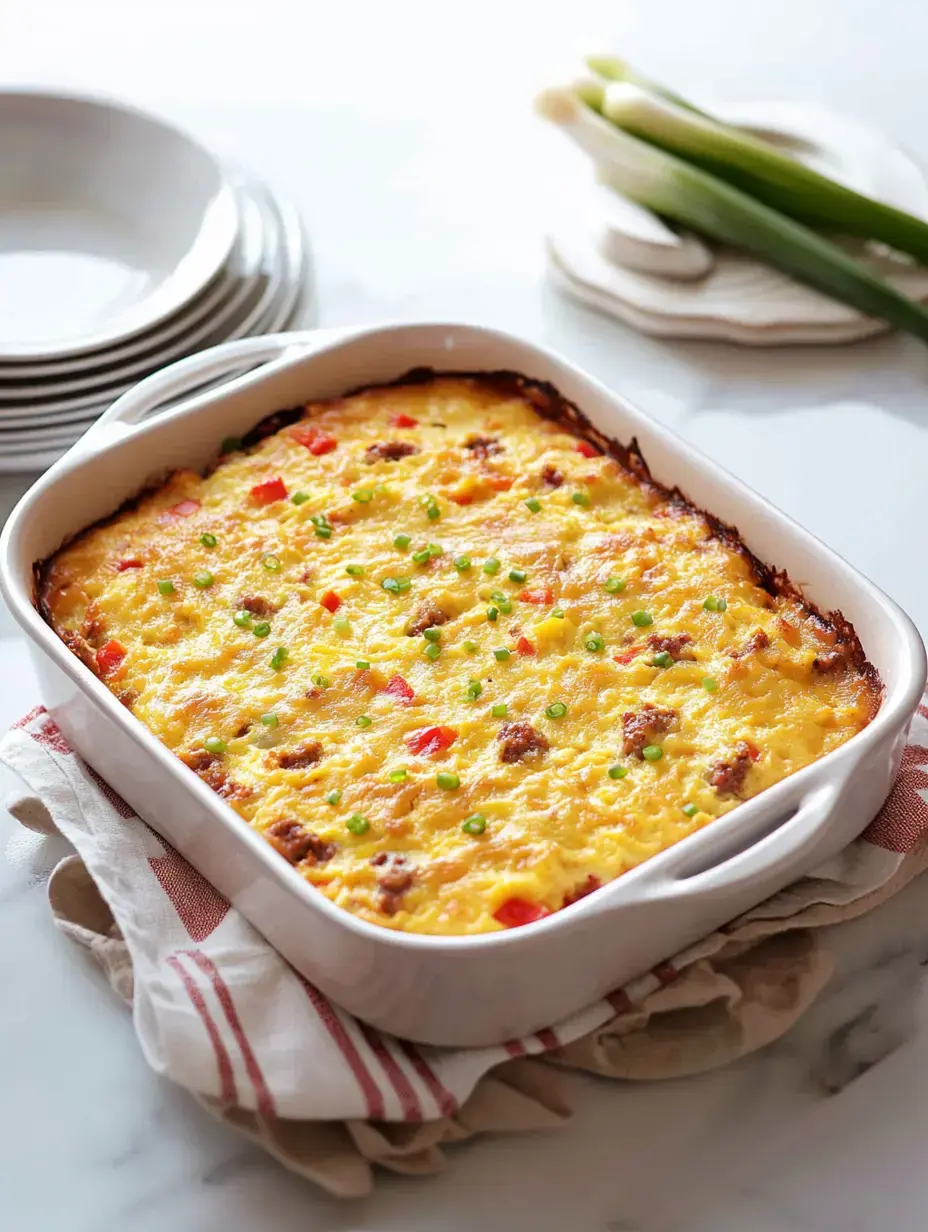 A baked casserole with a golden, cheesy topping is displayed in a white dish, garnished with green onions and surrounded by plates and scallions.