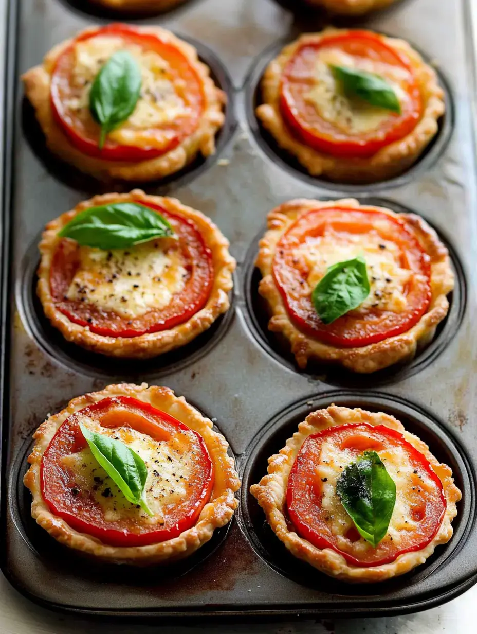 A muffin tin holds small, golden crust tarts topped with slices of tomato, cheese, and fresh basil leaves.