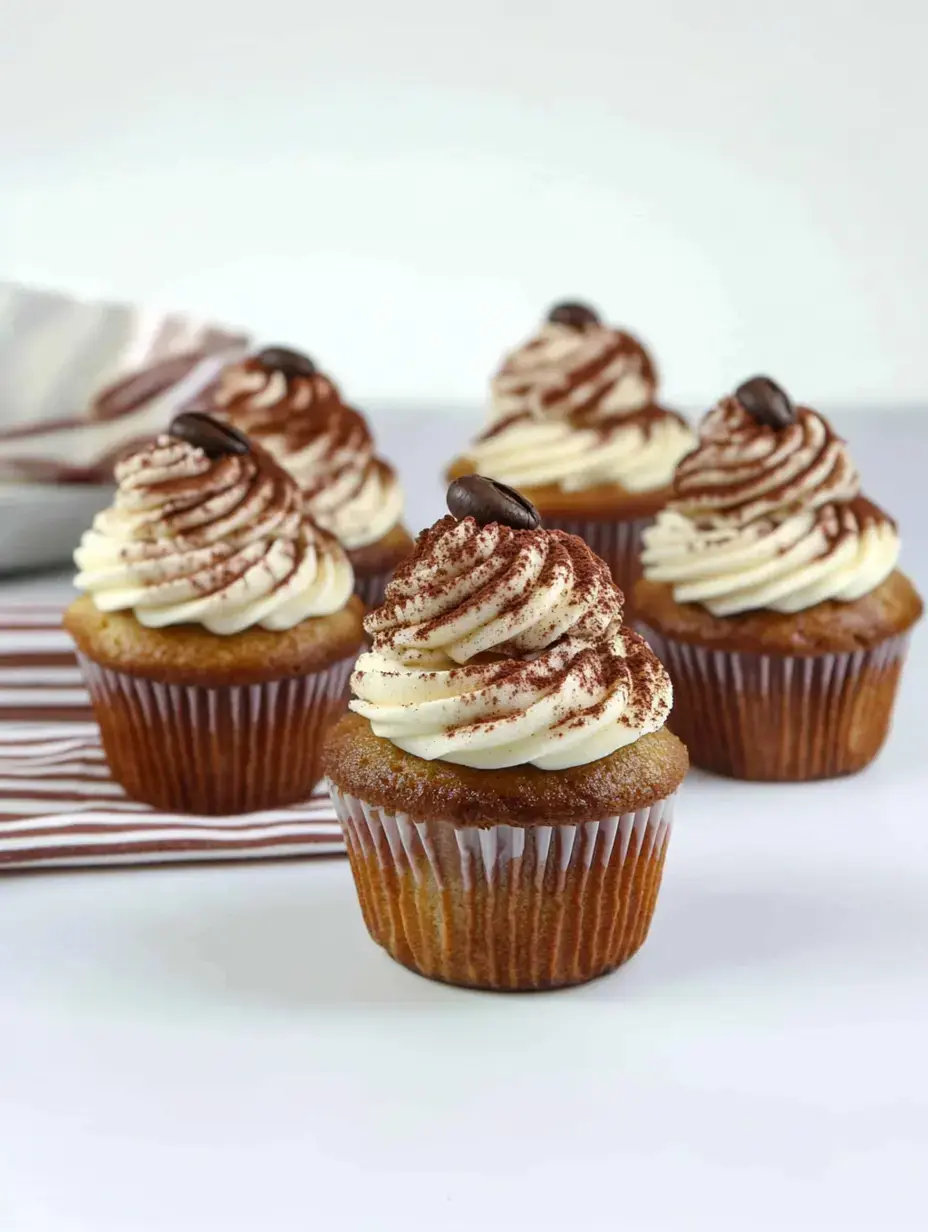 A close-up of several coffee-flavored cupcakes topped with swirls of buttercream frosting, cocoa powder, and coffee beans.