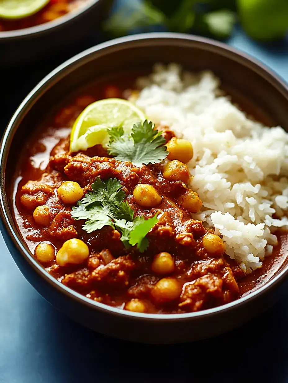 A bowl of spicy chickpea stew garnished with lime and cilantro, served alongside fluffy white rice.