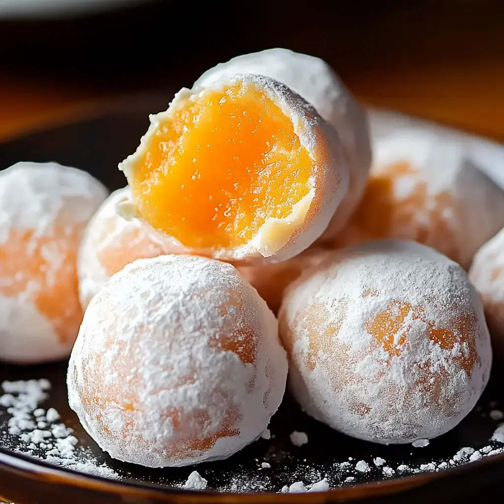 A close-up of powdered mochi balls with one cut open to reveal a vibrant orange filling.