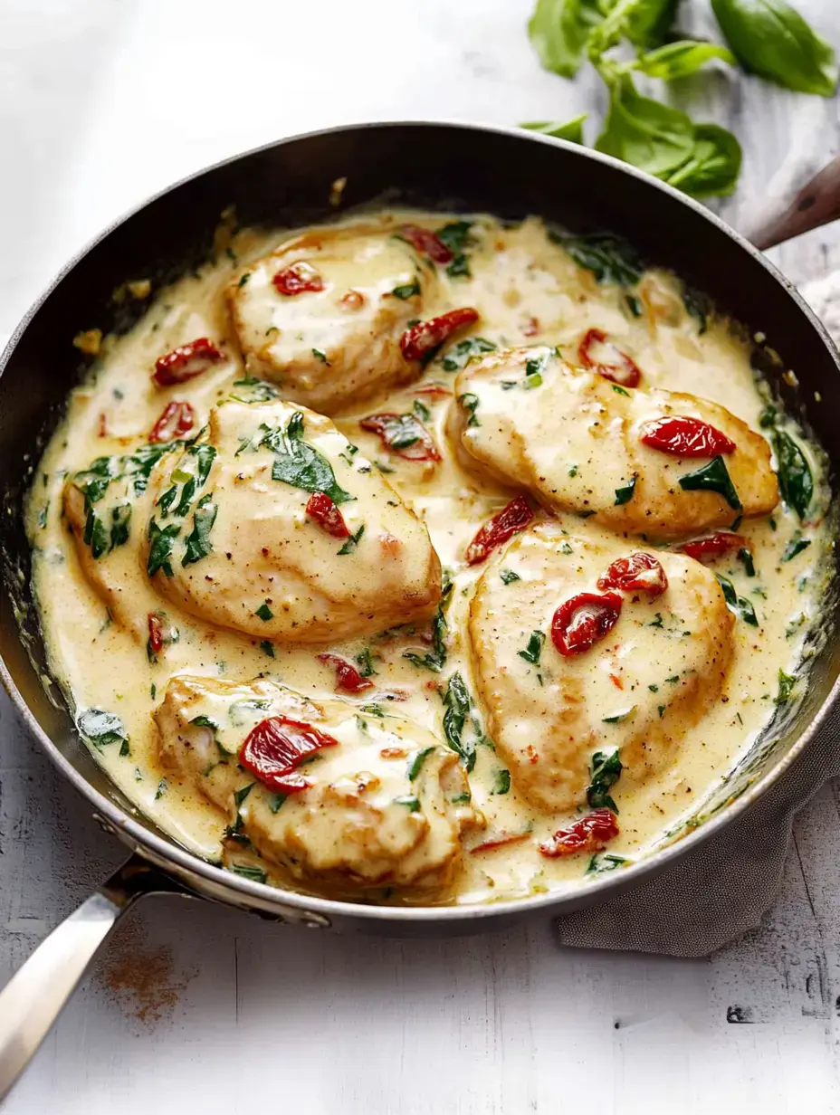 A skillet filled with creamy chicken breasts garnished with spinach and sun-dried tomatoes.