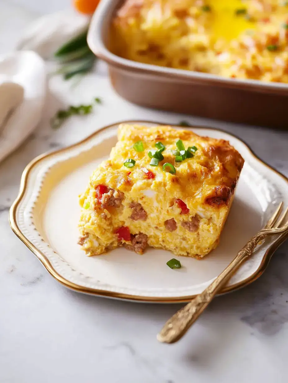 A slice of savory breakfast casserole topped with green onions, served on a decorative plate next to a fork.