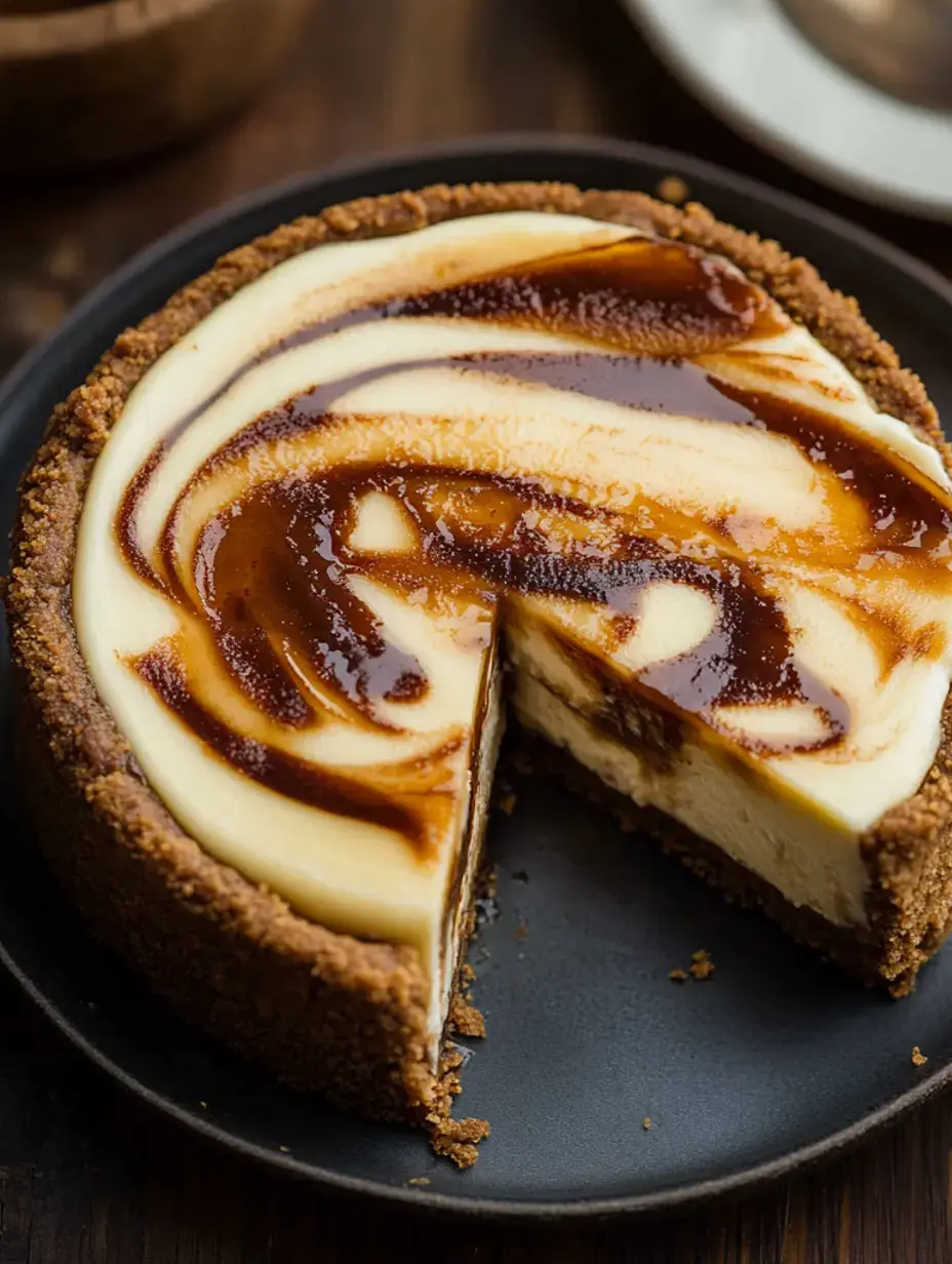 A slice of cheesecake with a marbled caramel topping is displayed on a black plate, revealing a creamy filling and a graham cracker crust.