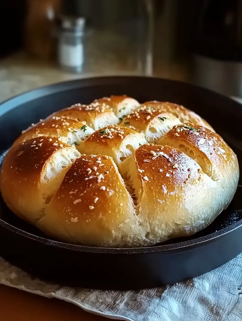 A freshly baked round loaf of bread sits in a cast-iron skillet, garnished with herbs and golden brown crust.