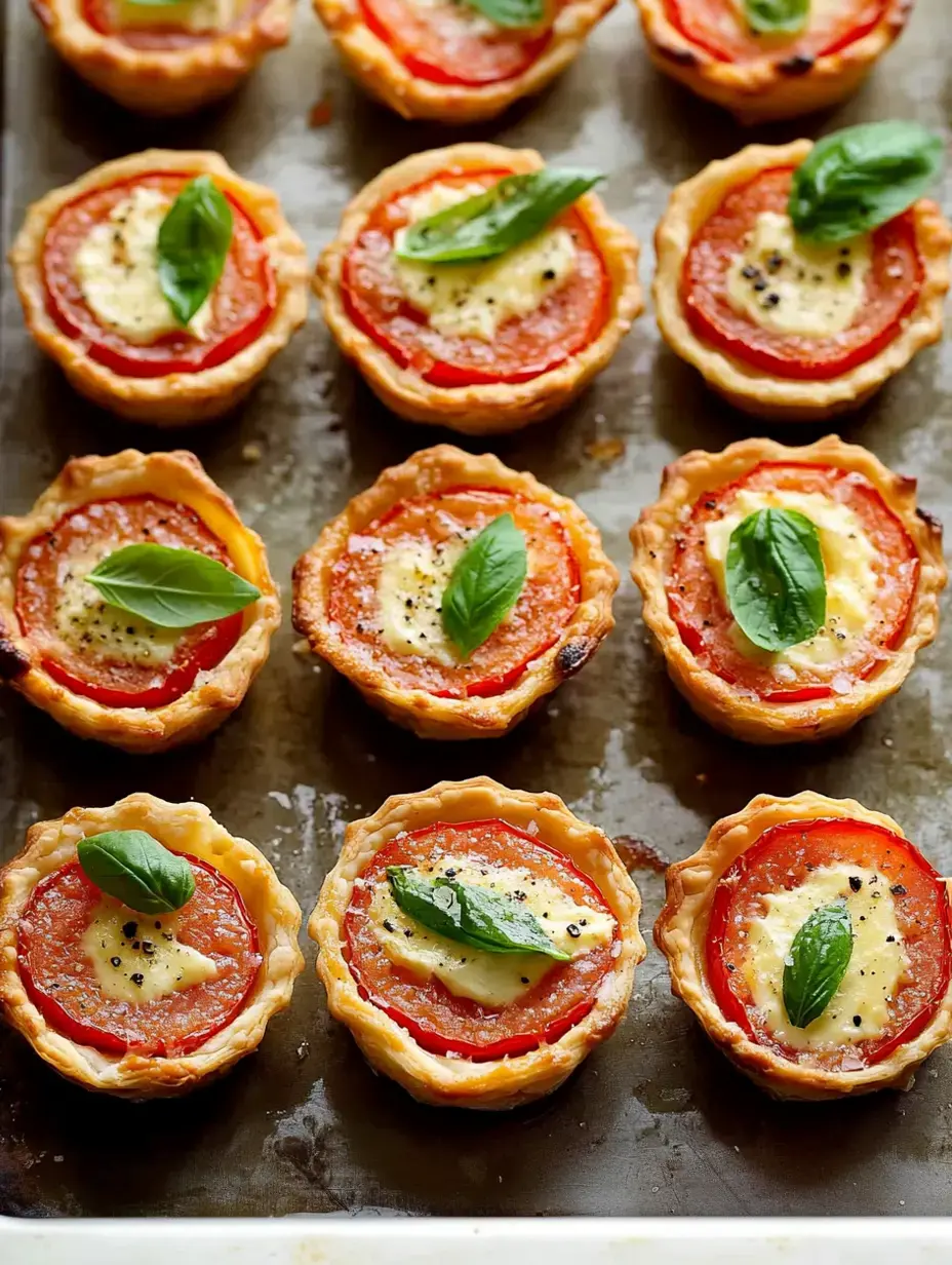 A tray of mini tomato and cheese tarts garnished with fresh basil leaves.