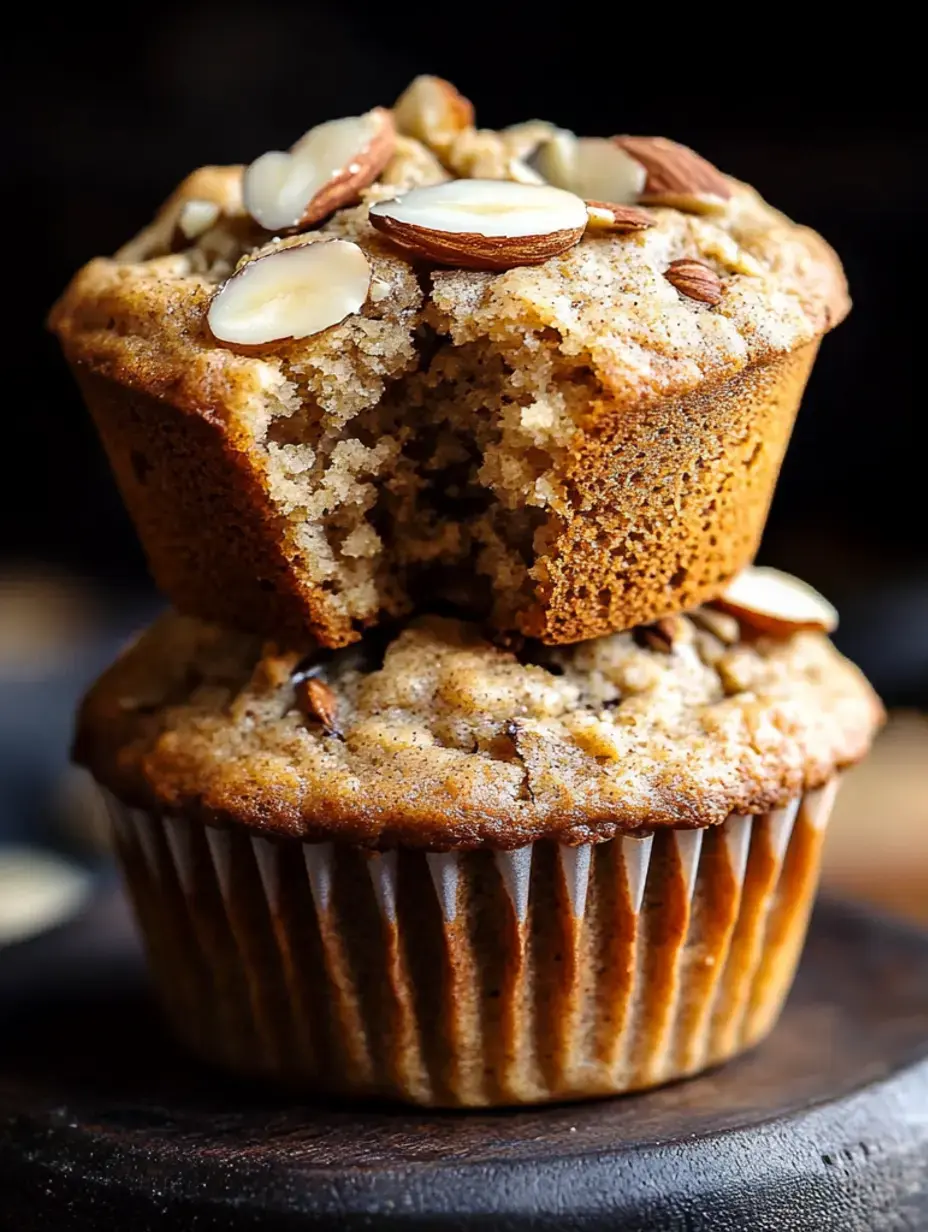 A stack of two almond-topped muffins, one partially eaten, on a wooden surface.