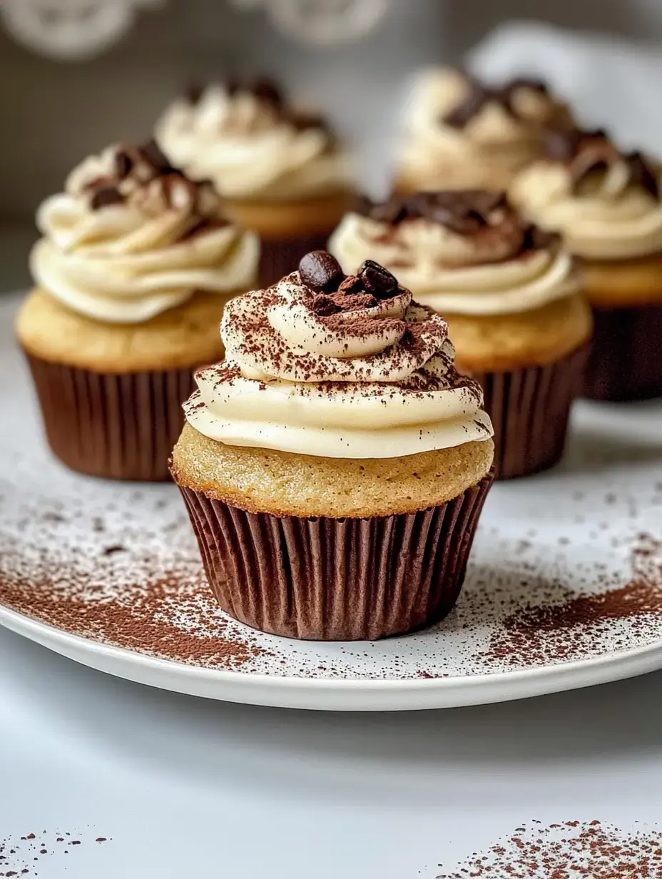 A close-up of a frosted cupcake topped with chocolate shavings and coffee beans, surrounded by more cupcakes on a white plate with cocoa powder dusting.