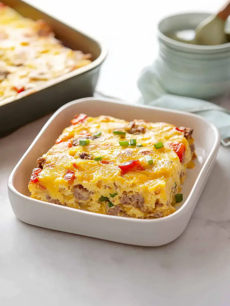 A serving of baked egg casserole topped with green onions and red peppers, placed in a white dish with a baking pan in the background.