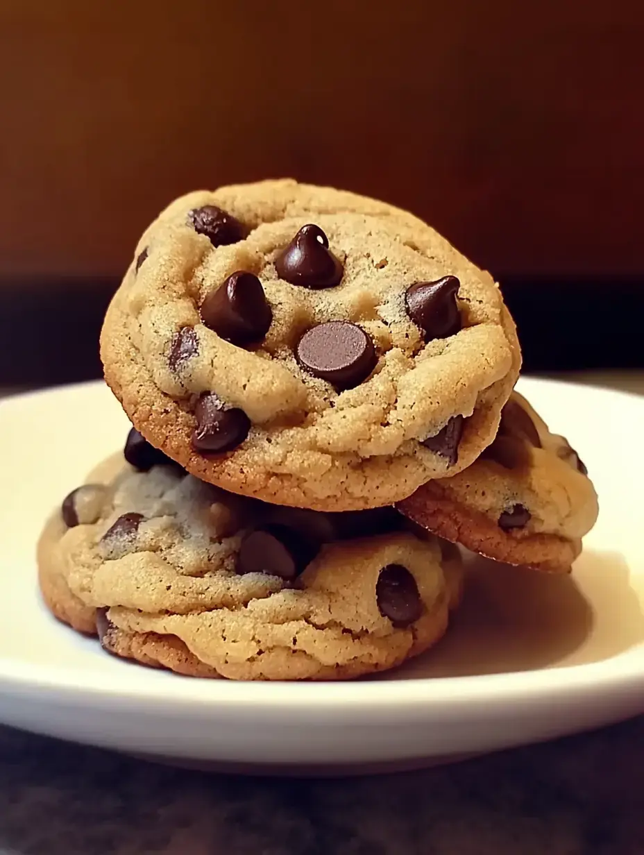 A stack of three chocolate chip cookies sits on a white plate against a dark background.