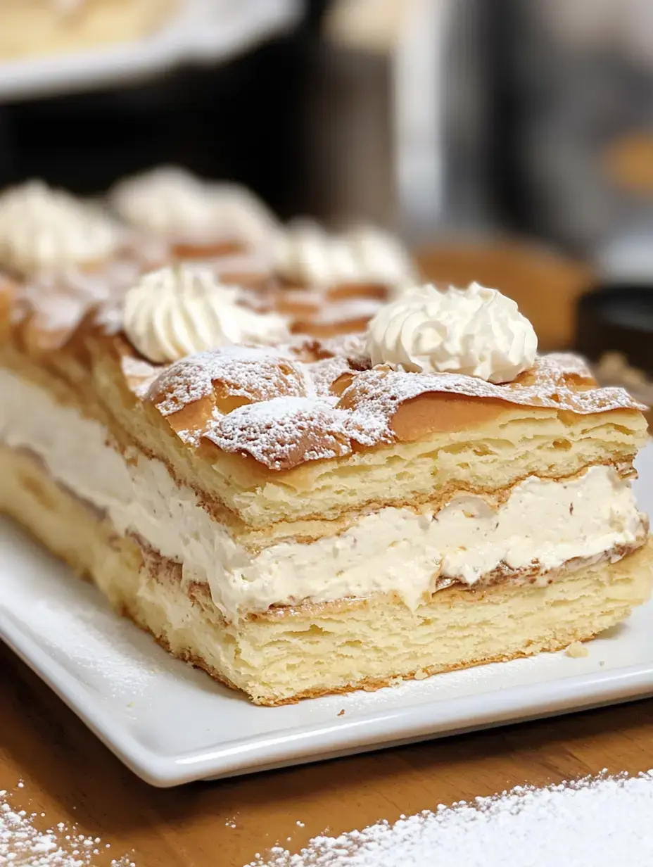 A layered dessert with cream filling and a dusting of powdered sugar is displayed on a white plate.