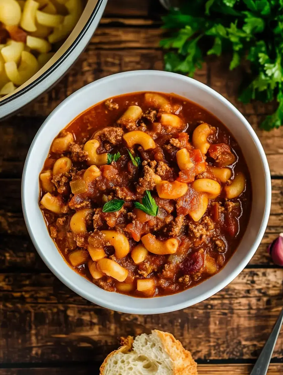 A bowl of macaroni and beef chili garnished with fresh herbs, alongside a piece of bread.