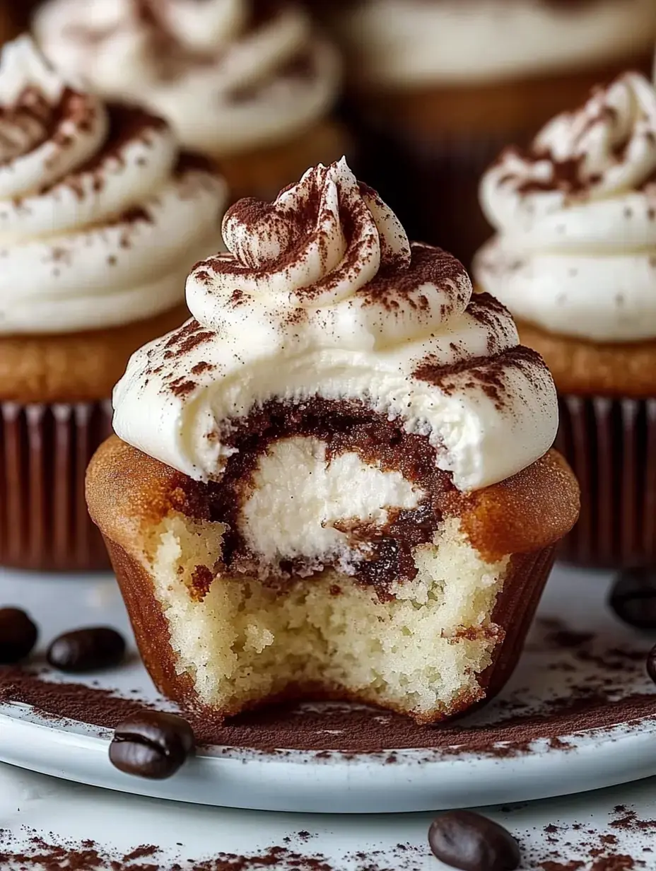 A close-up of a partially eaten cupcake with a creamy filling, topped with swirls of frosting and dusted with cocoa, surrounded by coffee beans.